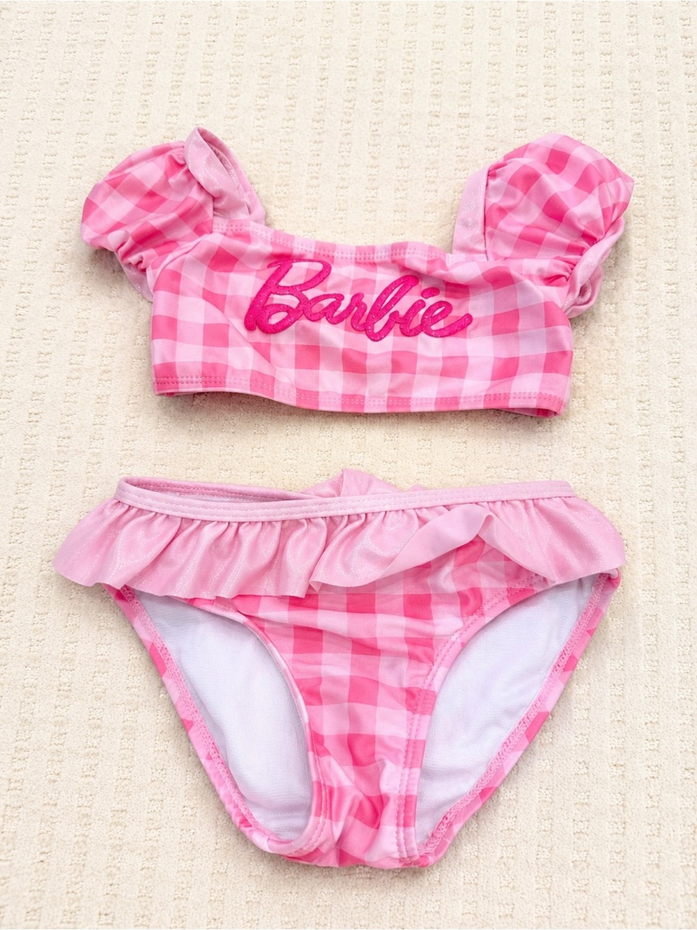 Barbie Girls 2 Piece Pink Gingham Swimsuit Bikini Set Size 4T